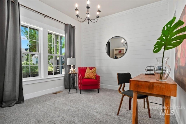 1867 W Wind Drift St, Meridian, ID 83646 - office space featuring a chandelier, carpet floors, baseboards, and wooden walls
