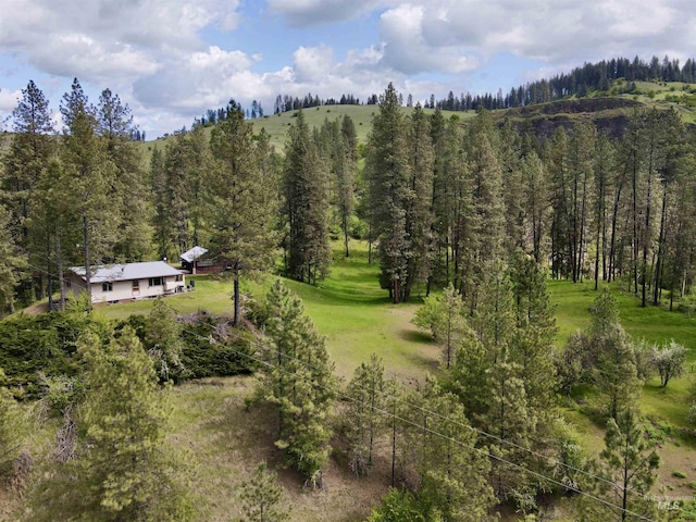 drone / aerial view featuring a forest view