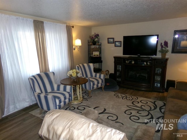 1835 Lincoln St, Mountain Home, ID 83647 - living room featuring a textured ceiling, wood finished floors, and a fireplace