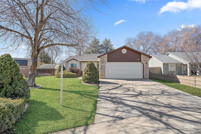 ranch-style home featuring concrete driveway, brick siding, an attached garage, and fence