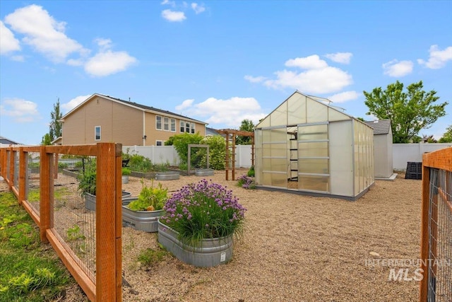 120 Pilgrim Way, Middleton, ID 83644 - fenced backyard with a greenhouse, a garden, and an outbuilding