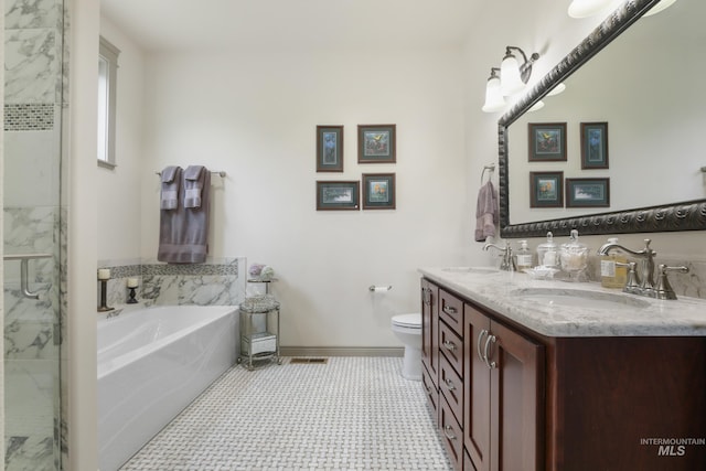 110 S 3rd Ave, Pierce, ID 83546 - full bath with double vanity, a bath, a marble finish shower, toilet, and baseboards