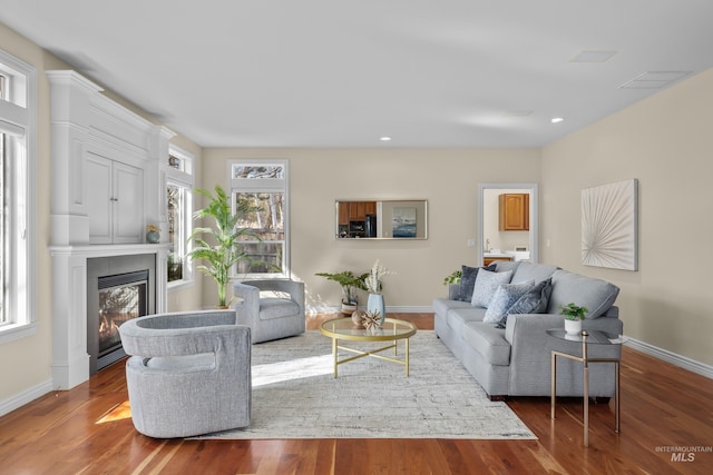 living area featuring a glass covered fireplace, baseboards, plenty of natural light, and wood finished floors