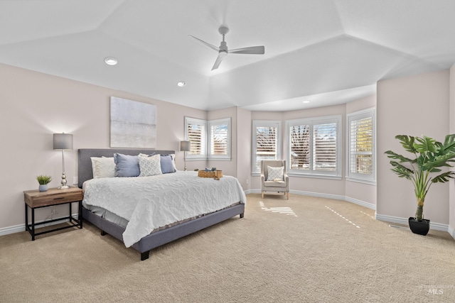 bedroom with recessed lighting, baseboards, light carpet, and lofted ceiling