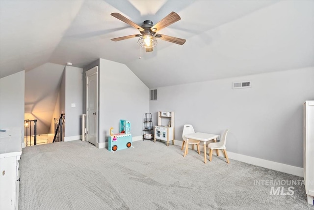 12231 W Caribee Inlet Dr, Star, ID 83669 - game room featuring a ceiling fan, lofted ceiling, and carpet