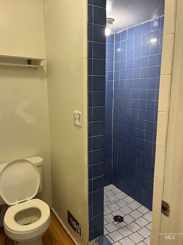 bathroom with a tile shower, toilet, and hardwood / wood-style flooring