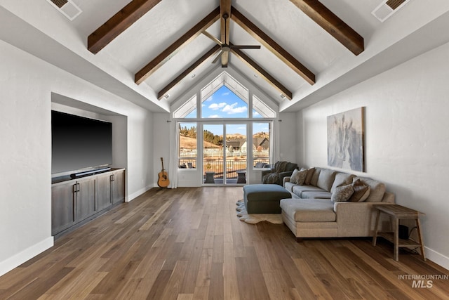 living room with visible vents, high vaulted ceiling, beamed ceiling, and dark wood-style floors