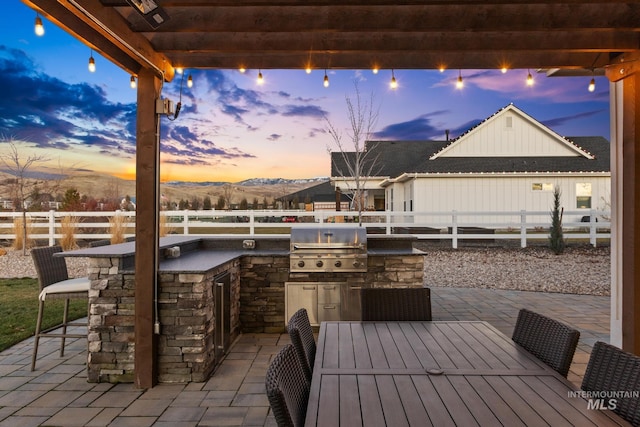 view of patio / terrace with exterior kitchen, outdoor dining area, a fenced backyard, grilling area, and outdoor dry bar