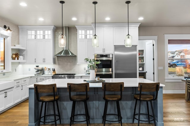 kitchen with open shelves, wall chimney range hood, wood finished floors, and stainless steel appliances