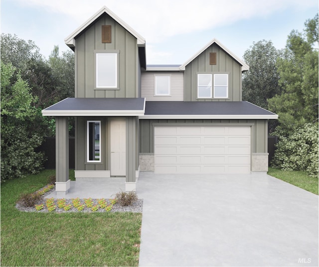 view of front of home with an attached garage, board and batten siding, covered porch, and driveway