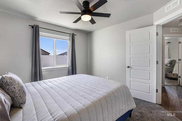 bedroom featuring visible vents and a ceiling fan