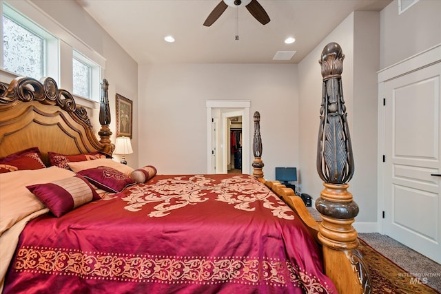 11771 W Cross Slope Way, Nampa, ID 83686 - carpeted bedroom featuring visible vents, a spacious closet, recessed lighting, and a ceiling fan