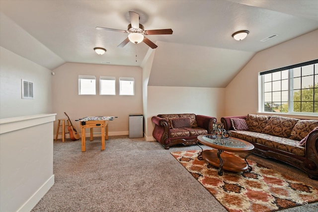 11771 W Cross Slope Way, Nampa, ID 83686 - carpeted living room with lofted ceiling, visible vents, ceiling fan, and baseboards