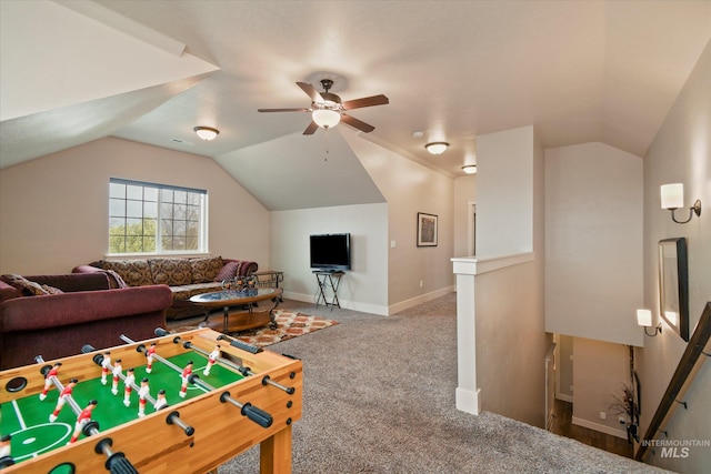 11771 W Cross Slope Way, Nampa, ID 83686 - recreation room featuring carpet, a ceiling fan, vaulted ceiling, and baseboards