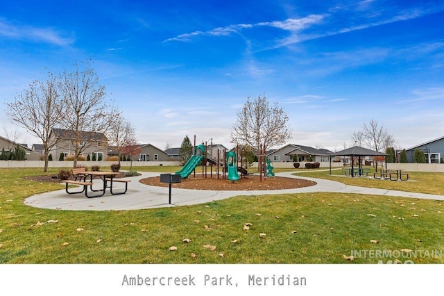 178 W Lava Falls Dr, Meridian, ID 83646 - communal playground featuring a lawn, a gazebo, and a residential view