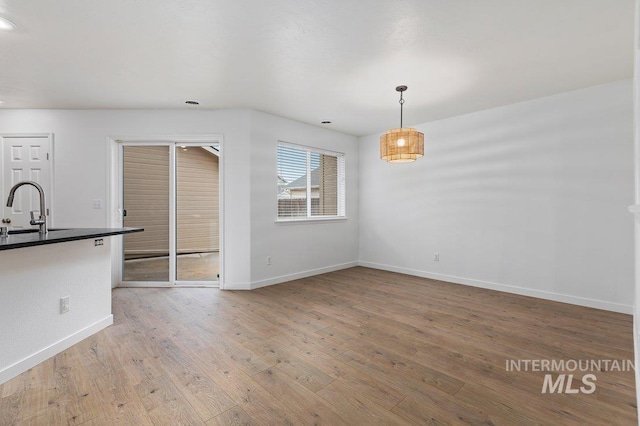 unfurnished dining area featuring sink and light hardwood / wood-style flooring