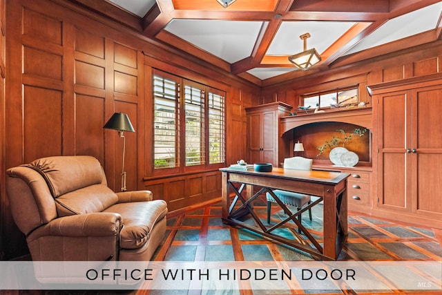 office space with wood walls, beamed ceiling, and coffered ceiling