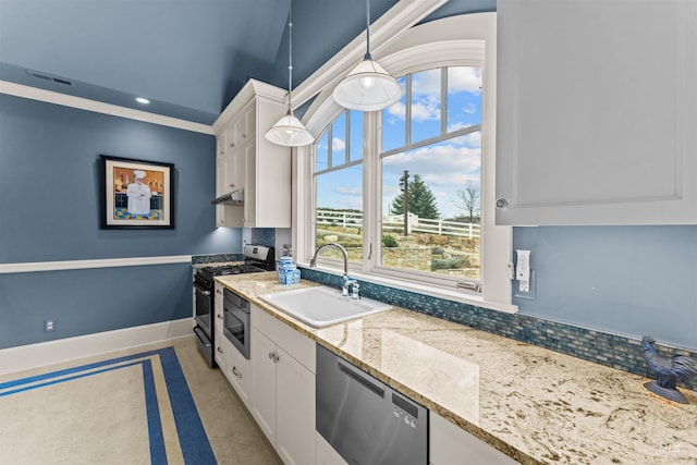 kitchen with white cabinets, hanging light fixtures, sink, ornamental molding, and appliances with stainless steel finishes