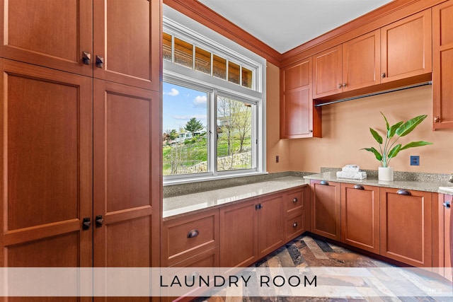 kitchen with light stone countertops