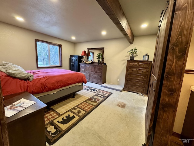 bedroom featuring recessed lighting and beamed ceiling