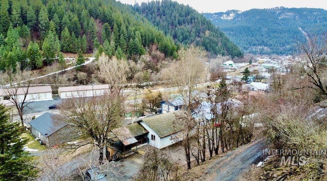 drone / aerial view featuring a mountain view and a wooded view