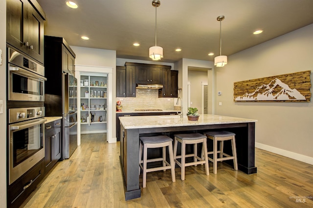 kitchen with double oven, under cabinet range hood, a sink, light wood-type flooring, and decorative backsplash