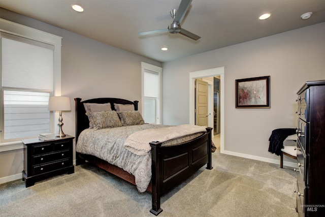 bedroom featuring recessed lighting, carpet flooring, a ceiling fan, and baseboards