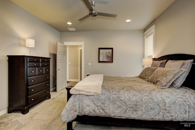 bedroom with light carpet, baseboards, a ceiling fan, and recessed lighting