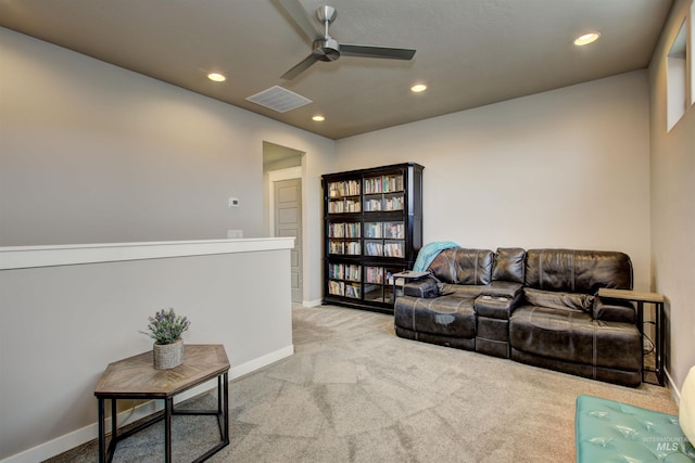 living room with carpet floors, recessed lighting, visible vents, ceiling fan, and baseboards