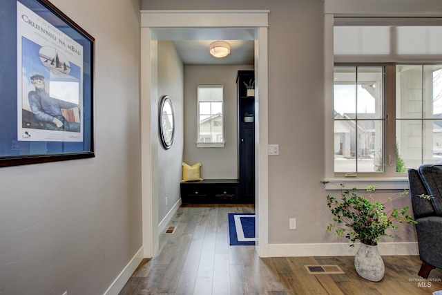 entrance foyer with wood finished floors, visible vents, and baseboards