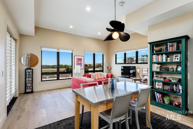 880 W River St, Boise, ID 83702 - dining space with light wood-style floors, recessed lighting, baseboards, and ceiling fan