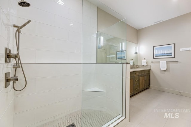 880 W River St, Boise, ID 83702 - bathroom with a walk in shower, visible vents, tile patterned flooring, and vanity