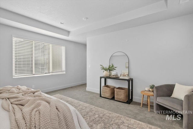 bedroom with a tray ceiling, baseboards, and carpet