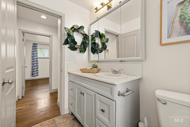 bathroom with vanity, wood finished floors, and toilet