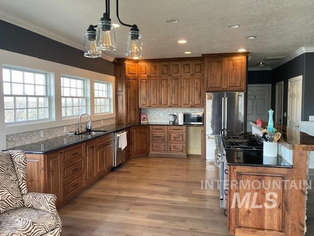 kitchen featuring sink, crown molding, hanging light fixtures, dark stone counters, and stainless steel appliances