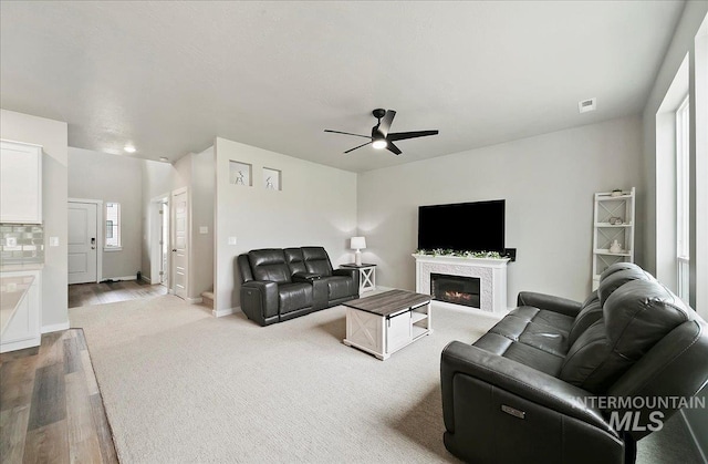 5094 W Avilla Dr, Meridian, ID 83646 - living area with a ceiling fan, wood finished floors, a glass covered fireplace, and baseboards