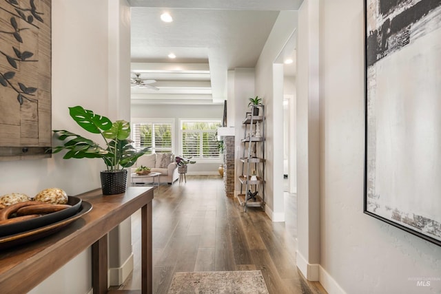 1071 W Rose Quartz St, Kuna, ID 83634 - hall with wood finished floors, baseboards, recessed lighting, and a raised ceiling