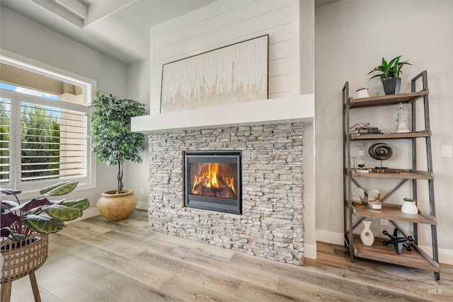 1071 W Rose Quartz St, Kuna, ID 83634 - living area with wood finished floors, a stone fireplace, and baseboards