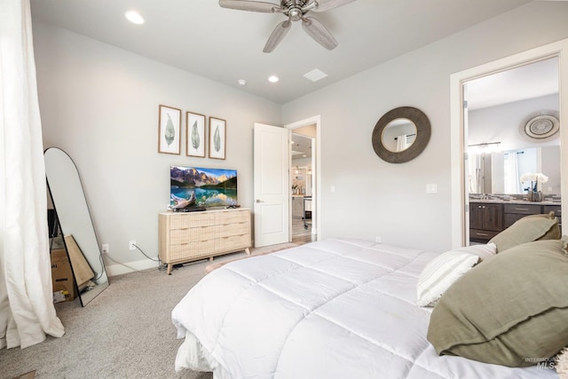 1071 W Rose Quartz St, Kuna, ID 83634 - bedroom with light colored carpet, recessed lighting, ceiling fan, and ensuite bathroom