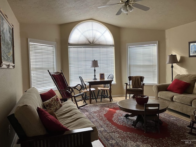 living room with ceiling fan, lofted ceiling, wood-type flooring, and a textured ceiling