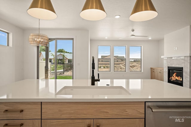 1724 Black Elm, Star, ID 83669 - kitchen featuring stainless steel dishwasher, light countertops, plenty of natural light, a high end fireplace, and recessed lighting