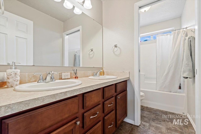 full bathroom with tile patterned floors, double vanity, shower / tub combo, and toilet