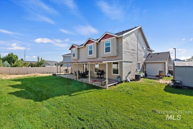 back of property featuring a lawn, central AC unit, a patio, and a shed