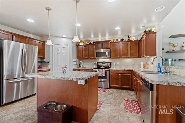 kitchen featuring light tile patterned floors, a center island, stainless steel appliances, and pendant lighting