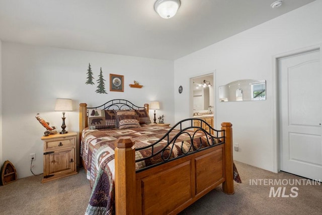 bedroom with light colored carpet and ensuite bath