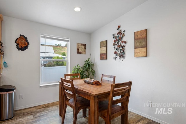 dining room featuring wood finished floors, baseboards, and recessed lighting
