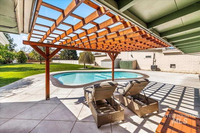 view of pool featuring a pergola, a fenced in pool, a fenced backyard, a patio, and a yard