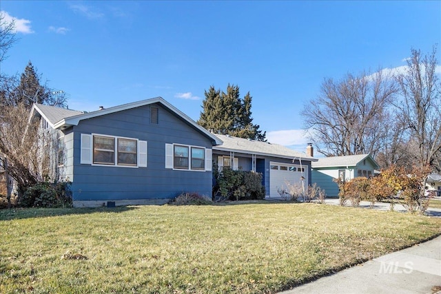 ranch-style home with a front yard and a garage