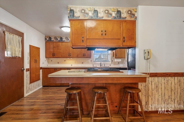 kitchen with kitchen peninsula, dark hardwood / wood-style floors, decorative backsplash, and a breakfast bar area