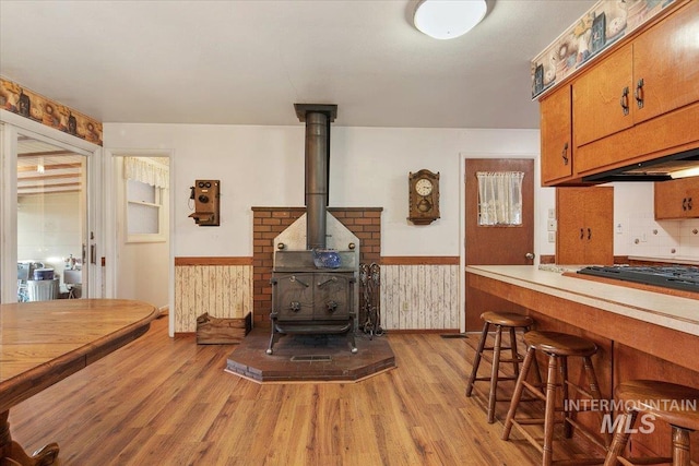 living room with a wood stove and light hardwood / wood-style floors